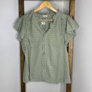 VOY Green Plaid Ruffle Sleeve Blouse Size S